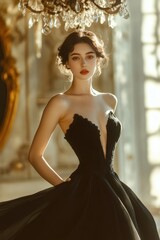 Woman in a classic black evening gown posing against a luxurious background