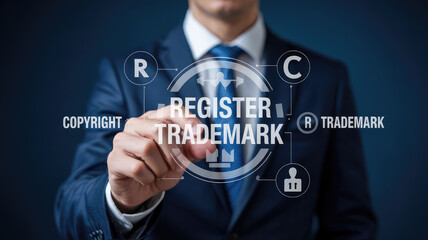 Fototapeta premium Protecting Intellectual Property: A professional figure in a sharp suit points to 'Register Trademark', symbolizing the importance of safeguarding creations. The shot conveys a sense of trust.