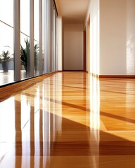 Wooden floorboards with a polished, reflective finish in a minimalist room