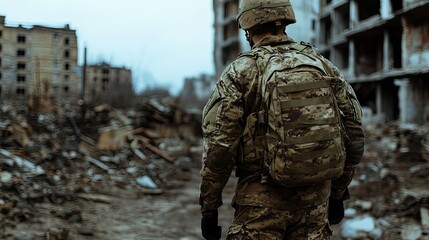 Naklejka premium Soldier in the ruins of the city : action in urban conditions. 