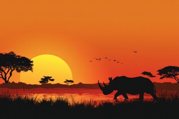 Obraz premium A silhouette of a lone rhino walking against the backdrop of an orange-hued sunset.