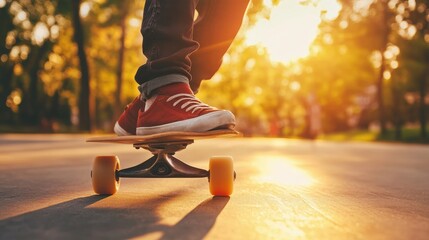 Youth skateboarding in stylish streetwear, shot at golden hour