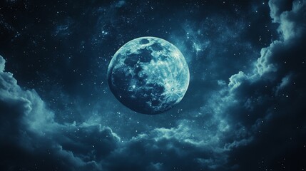 Obraz premium Blue planet surrounded by clouds and stars. Abstract celestial concept art for science fiction or fantasy.