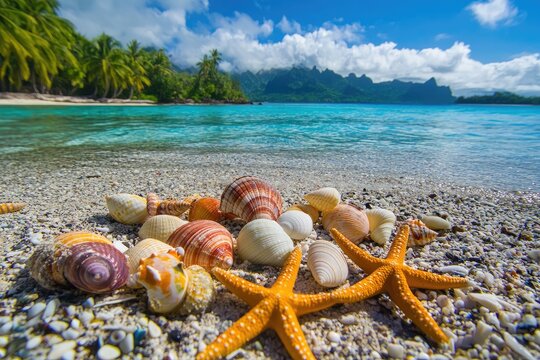Tropical beach scene with colorful seashells and starfish on the shore. Lush palm trees, turquoise water, and distant mountains create a beautiful island paradise