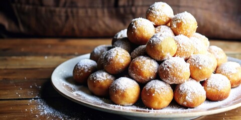 A plate of golden brown, deep-fried dough balls dusted with powdered sugar, arranged in a delicate pyramid shape on a wooden surface.