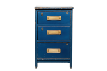 Rustic blue filing cabinet with three drawers showcasing vintage charm and character