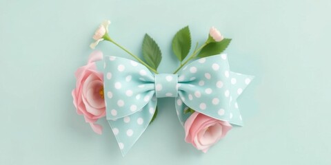 Fototapeta premium Pastel Pink Roses Aqua Polka Dot Bow Perfect for Spring Mothers Day or Wedding