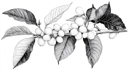 Black and white line drawing of a coffee branch with leaves and fruit clusters.