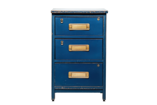 Rustic blue filing cabinet with three drawers showcasing vintage charm and character
