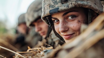 Woman on the Front Line : A female soldier on the front line with other soldiers. 