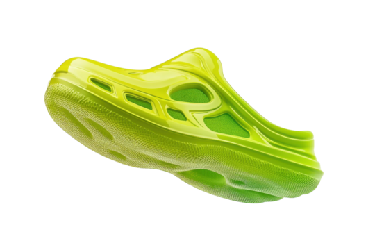 Bright green floating shoes with innovative design in a minimalist style