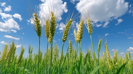 Obraz premium Close-up of wheat ears in a fresh green field, with a vivid blue sky and white clouds above.