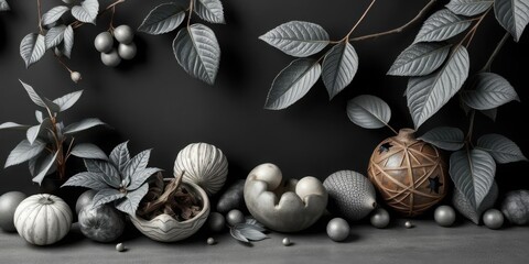 Obraz premium Monochrome Still Life Elegant Grey Pottery Plants Orbs