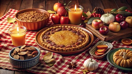 Naklejka premium A Rustic Autumnal Feast with a Variety of Baked Goods, Fruits, and Candles on a Checkered Tablecloth