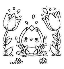 Coloring book tulip character splashing in a puddle, surrounded by two other tulips and small flowers,