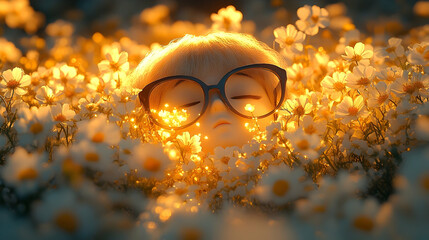 Peaceful person flowers golden light image