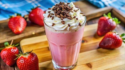A refreshing strawberry milkshake topped with whipped cream and chocolate sprinkles, surrounded by fresh strawberries.