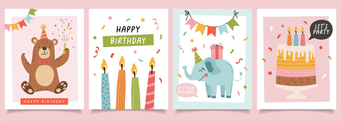 Fototapeta premium Birthday invitation set, cake, gifts. Birthday party vector. Invitation, sticker, greeting card