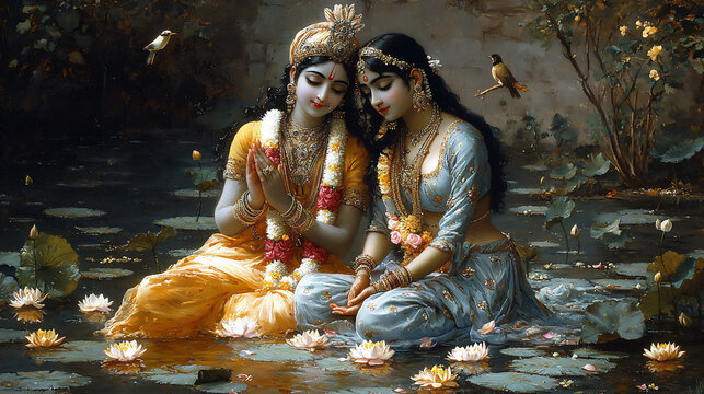 krishna and radha in a lotus pond
