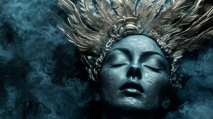 Closeup of a woman's face with silver makeup and hair surrounded by blue smoke, a mystical fantasy theme.