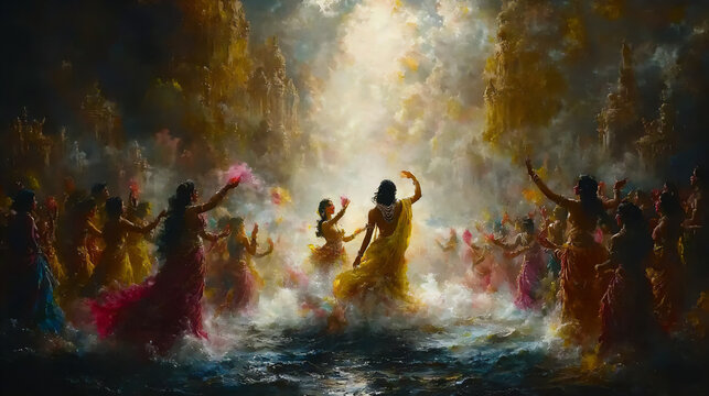 krishna and radha playing holi