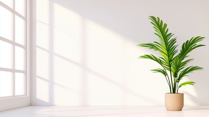 Serene Minimalist Interior Space Featuring Smooth Surfaces and a Green Plant Bathed in Natural Light,Office interior backdrop for online meetings