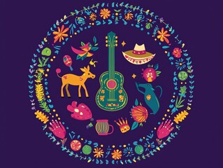 Flat Vector Circular Frame with Mexican Symbols and Guitar  