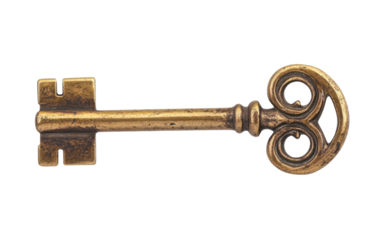 A vintage brass key with intricate design on a neutral background, hinting at mystery