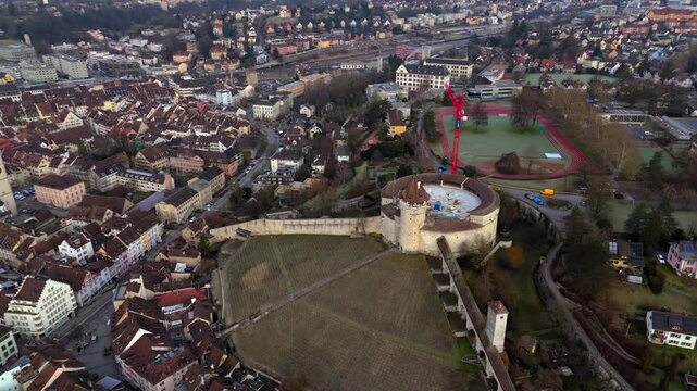Fort Munot, Schaffhausen, Switzerland aerial view in winter warm weather at dawn. Munot ist Zirkularfestung im Zentrum schweizerischen Stadt Schaffhausen auf Emmersberg in der Schweiz Luftaufnahme. 