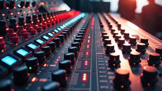 Close-Up of Audio Mixing Console with Glowing Buttons, Control Knobs, and LED Meters in Professional Music Production Studio Environment

