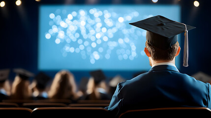 Male graduate facing large screen during commencement event in auditorium, ideal for digital graduation promotions and educational marketing. Selective focus