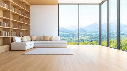 Fototapeta premium Serene Modern Library Interior Bathed in Warm Golden Light with Panoramic Views of Nature and Open Space for Relaxation and Reflection