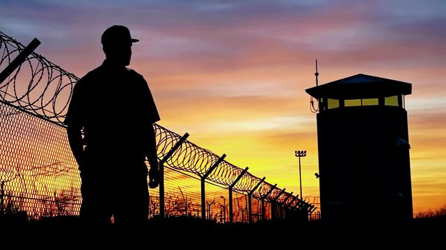 Silhouetted figure stands near a prison fence at sunset, evoking themes of confinement and freedom