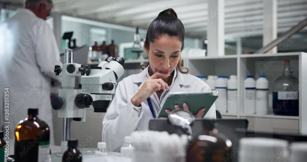 Poster development, woman and scientist on tablet for solution, research and chemistry experiment. medical,