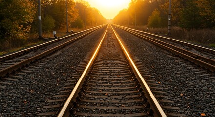 Obraz premium Golden hour sunlight illuminates a path of endless possibilities along a railway stretching into a picturesque autumn landscape.