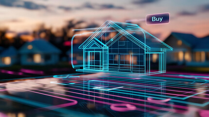 Digital home buying simulation urban neighborhood 3d visualization evening atmosphere perspective view real estate concept