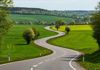 Naklejka premium A winding country road meanders through vibrant green fields and golden meadows under a bright sunny sky, showcasing idyllic countryside scenery.