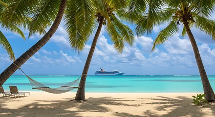 Serene hammock siesta under swaying palms, a cruise ship gently gliding on a turquoise ocean, bathed in soft sunlight.