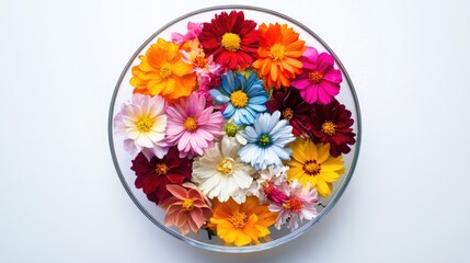 Vibrant Assortment of Colorful Flowers Floating in a Clear Round Bowl on a White Background