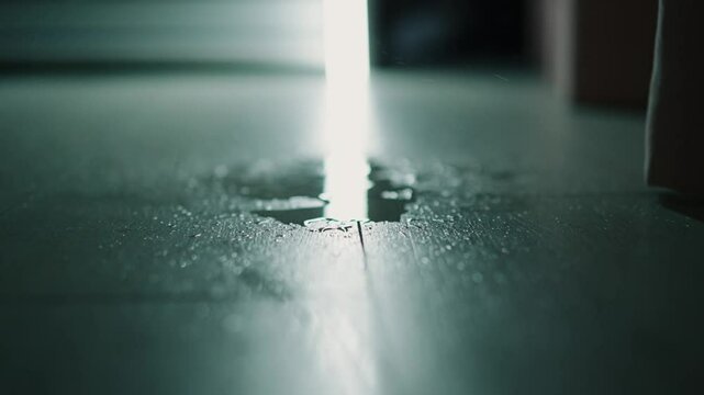 Flood in the apartment.
Neighbors flooded the apartment.
Water on the floor.
Leaking lid in the house.
Water drops and splashes