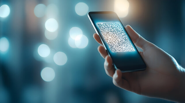 Bright glowing QR code on smartphone screen in hand, representing mobile payment or virtual access tools. Suitable for banking, retail or smart city visuals. Selective focus
