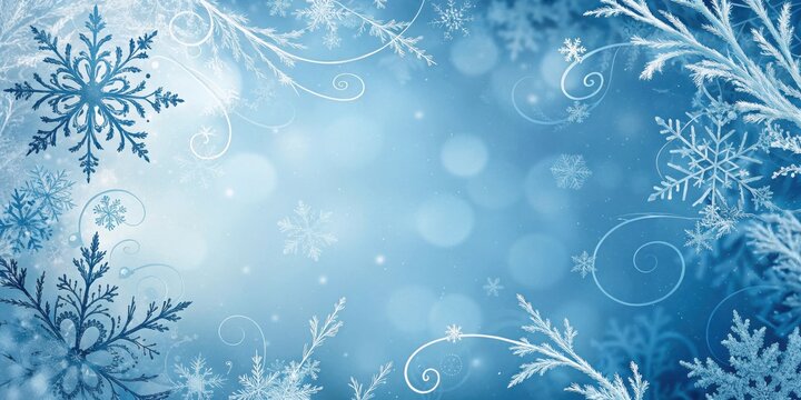 A wintery blue background with delicate snowflakes and swirling patterns, creating a sense of peaceful serenity.