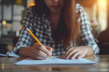 Generative AI image of student preparing for exam by writing notes from textbook in a focused study environment