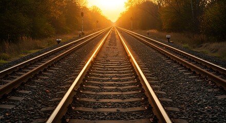Fototapeta premium Golden sunset beams down a long railway track stretching into the distance, promising adventure and new beginnings under warm, hazy light.