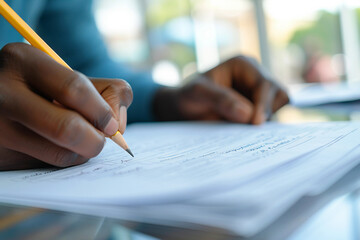 Generative AI closeup image of person filling exam test sheet with pencil during academic evaluation or assessment