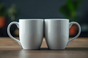 Two Minimalist White Coffee Mugs on Wooden Table with Soft Focus Background and Green Plants