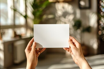A woman's hands are holding an empty paper card. Modern interior with green plants on the background. Postcard mockup template.