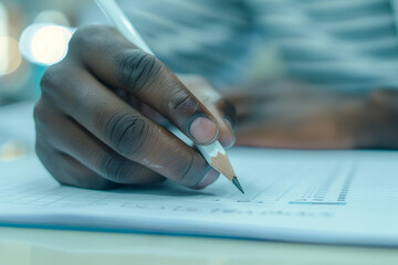 Generative AI closeup image of person filling exam test sheet with pencil during academic evaluation or assessment