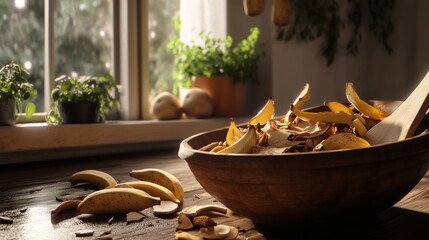 Banana peel on a wooden plate, organic waste for composting