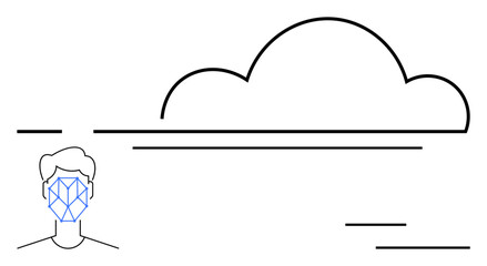 Human face with geometric recognition pattern next to cloud, symbolizing data processing. Ideal for AI, biometrics, data storage, identity verification, security, network innovation. Flat simple